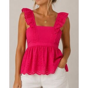 NEW Banana Republic Fuchsia Pink Eyelet‎ Ruffle Peplum Tank Ruffle Top Small P